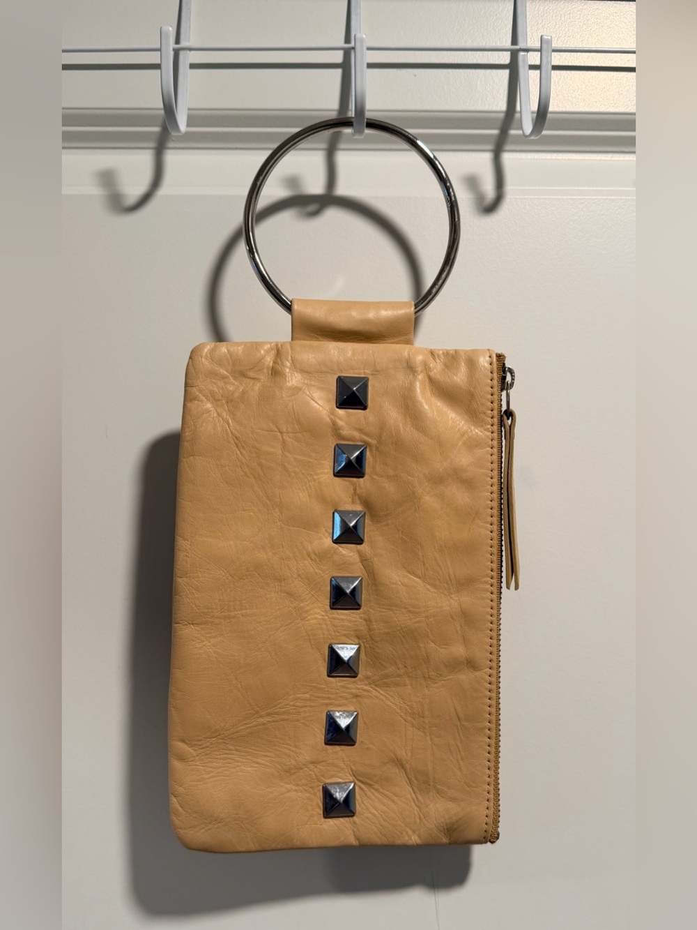 de Groot Soiree Studded Leather O-Ring Wristlet Clutch Tan Nude